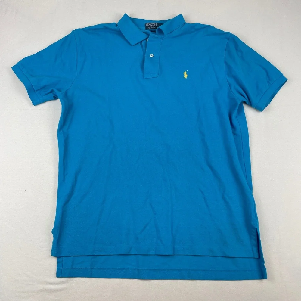 Polo Ralph Lauren Mens Blue Cotton Pique Short Sleeve Polo Shirt Yellow Pony L